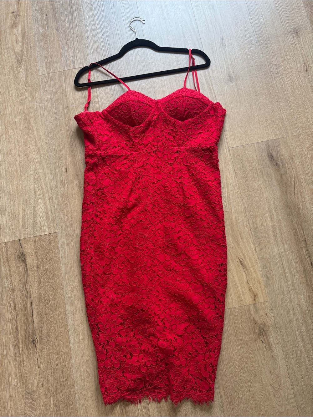 Bardot Red Lace Midi Dress with Spaghetti Straps